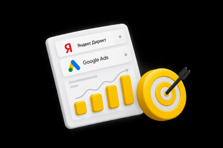Панель с логотипами Яндекс Директа и Google Ads, растущим графиком и мишенью со стрелой