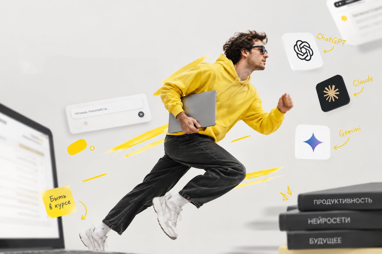 Человек в жёлтой толстовке бежит с ноутбуком мимо иконок ChatGPT, Claude и Gemini